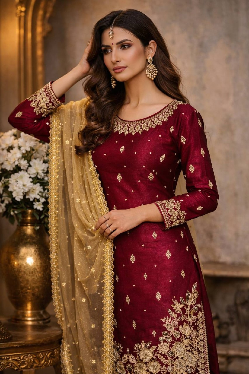 Editorial Deep Maroon Contrast-Drape Set